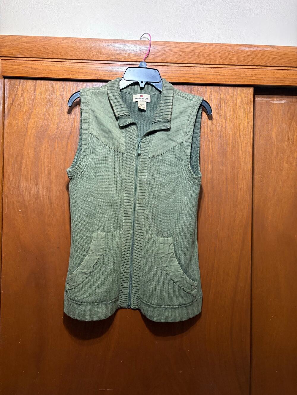 Woolrich Women's Olive Green Full Zip Knit Vest Ramie Cotton Utility M